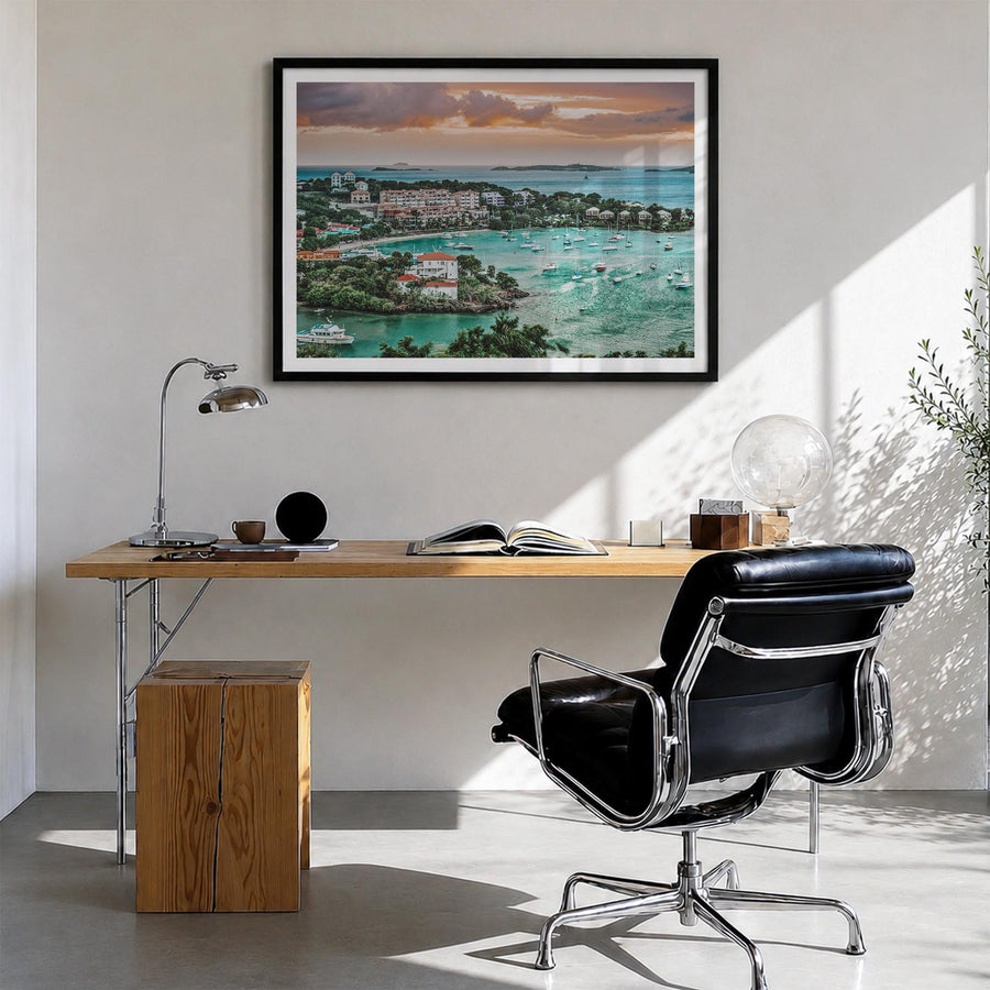 Saint Thomas colorful photo poster of United States Virgin Islands – horizontal wall art in black wood frame with white borde