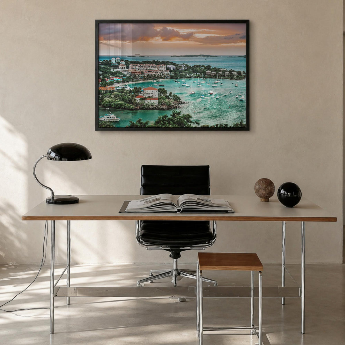 Saint Thomas colorful photo poster of United States Virgin Islands – horizontal wall art in black wood frame, hanging on wall