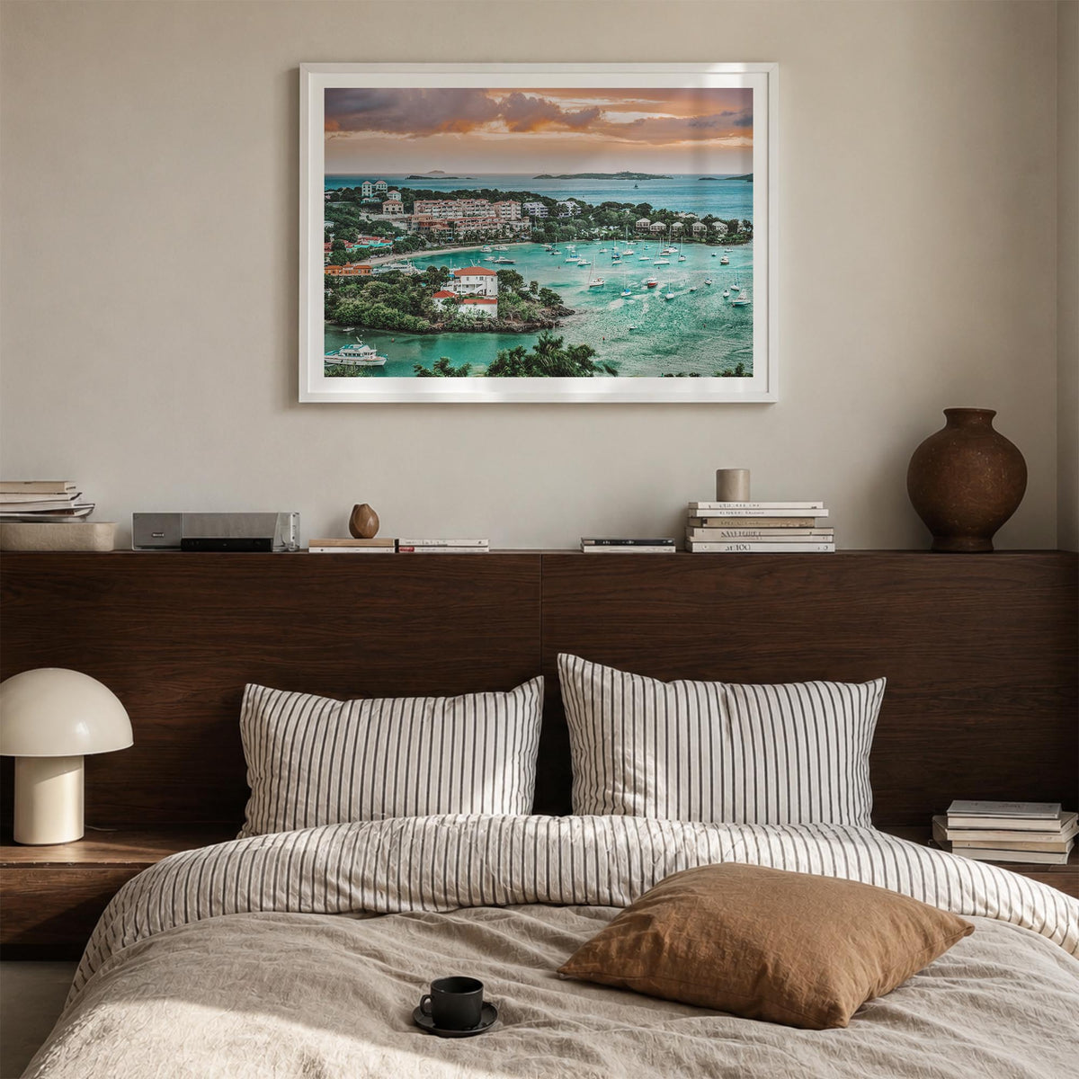 Saint Thomas colorful photo poster of United States Virgin Islands – horizontal wall art in white wood frame with white borde