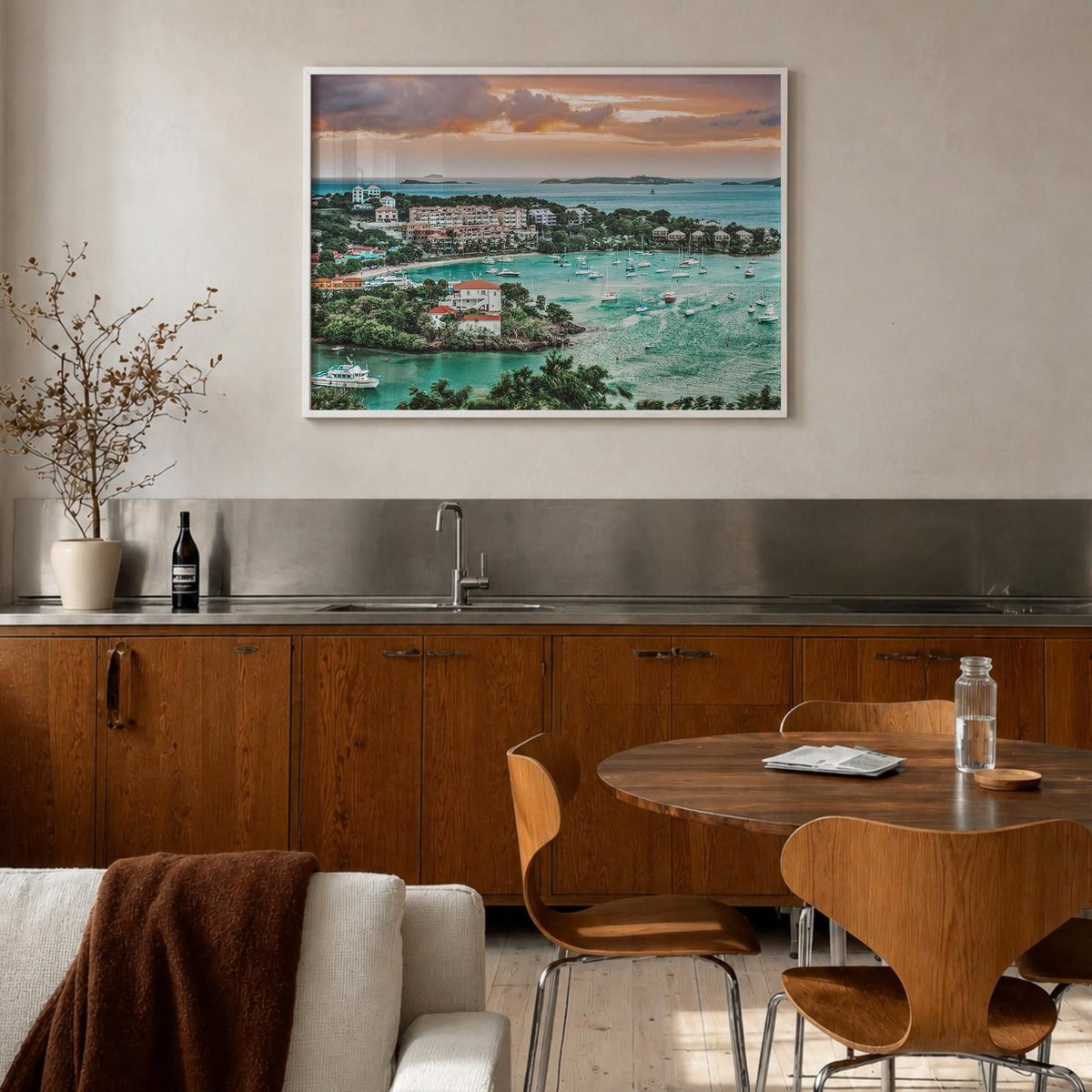 Saint Thomas colorful photo poster of United States Virgin Islands – horizontal wall art in white wood frame, hanging on wall