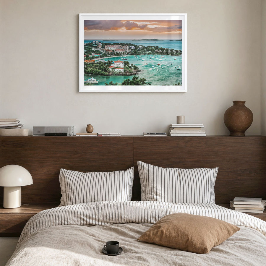 Saint Thomas Photo Poster in a white wood frame, hanging in a bedroom, white border