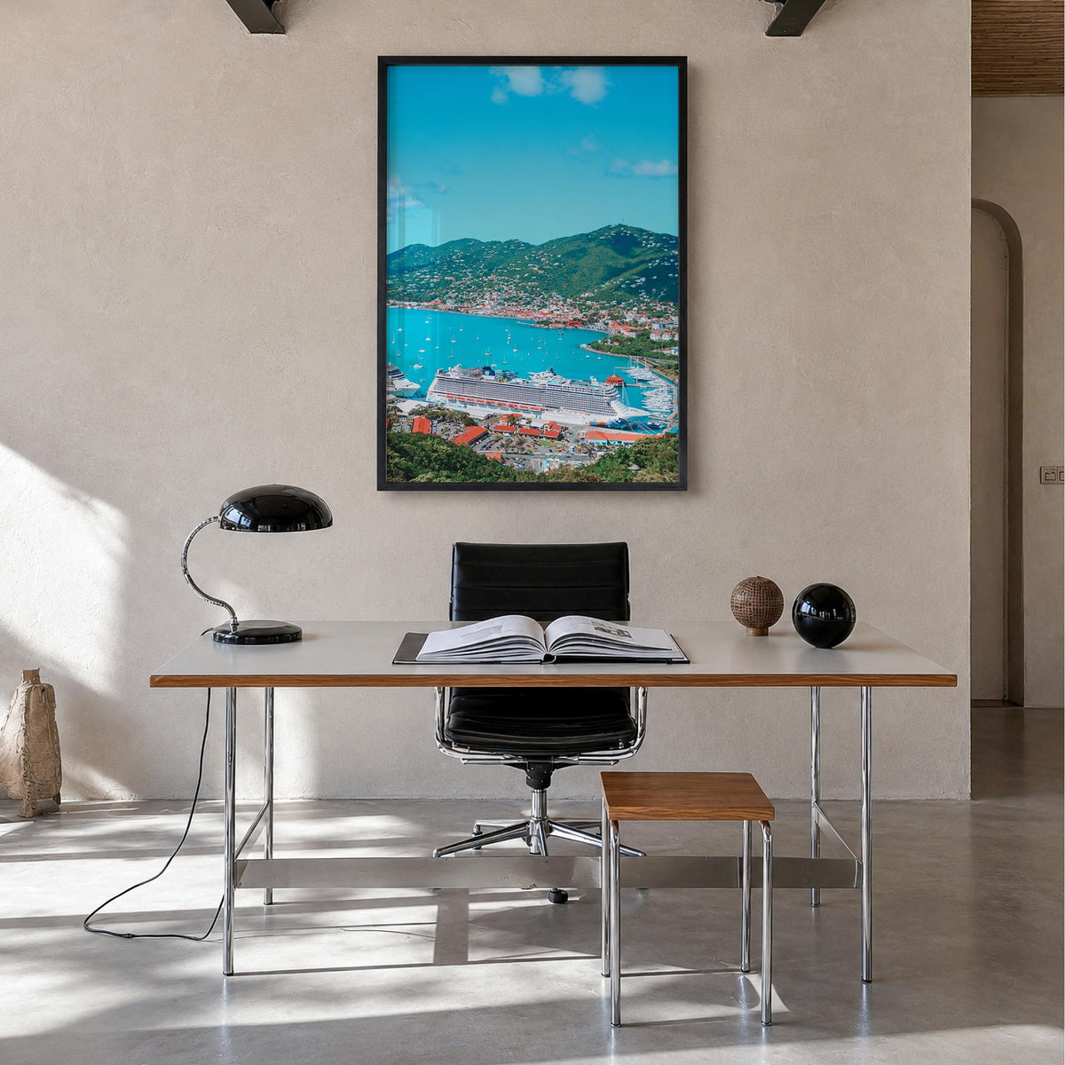 Saint Thomas no. 1 colorful photo poster of United States Virgin Islands – vertical wall art in black wood frame, hanging on 