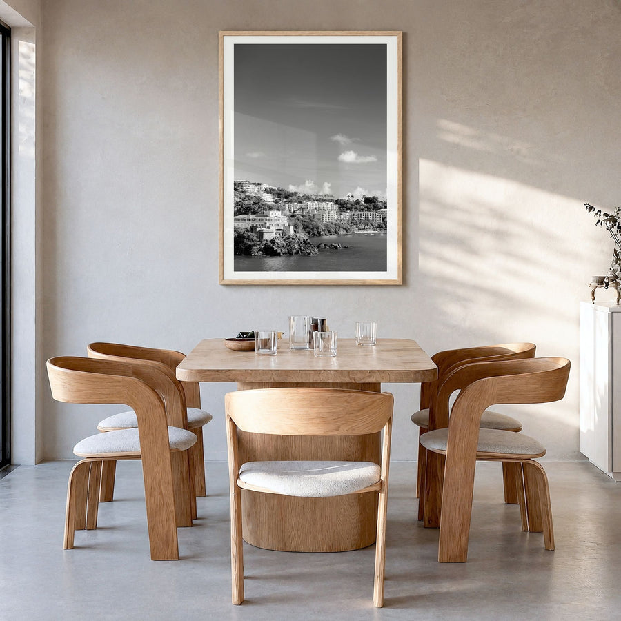 Saint Thomas Photo Poster in a natural wood frame, hanging in a dining room, white border