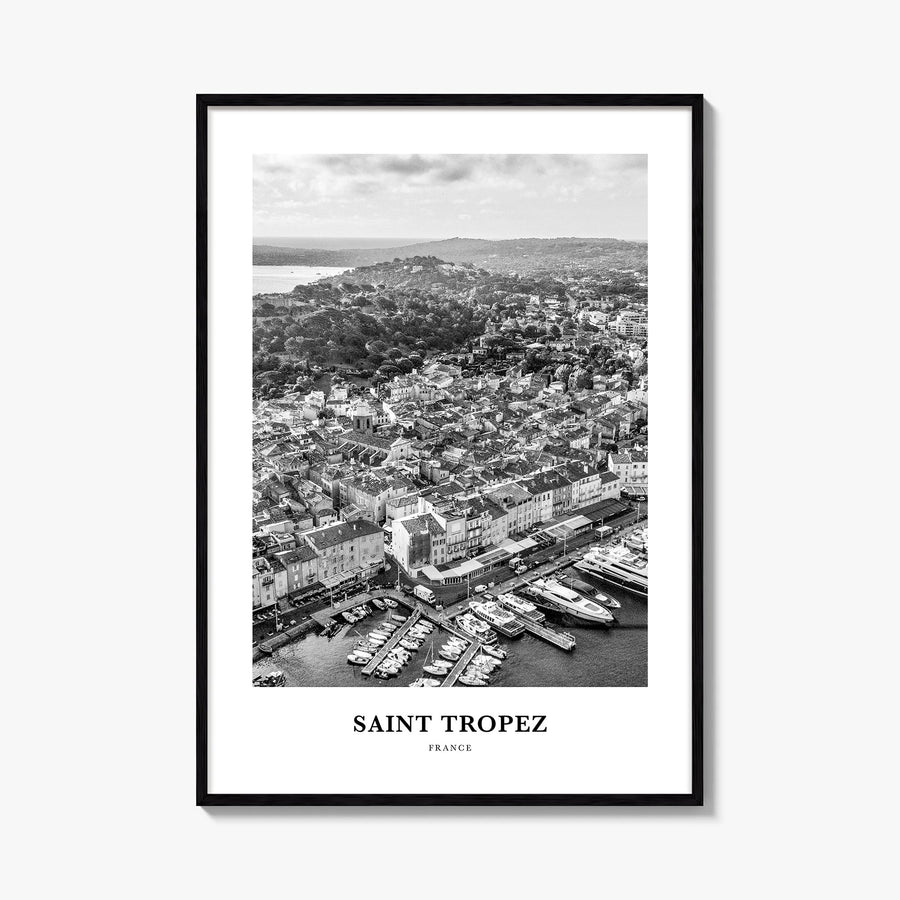 Saint-Tropez black & white classic poster of France – vertical wall art, unframed print shown in interior mockup