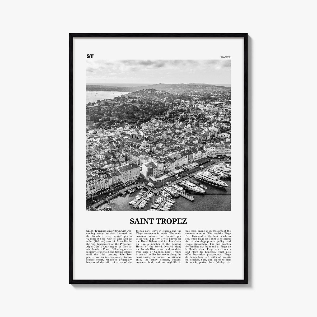 Saint-Tropez black & white newspaper poster of France – vertical wall art, unframed print shown in interior mockup