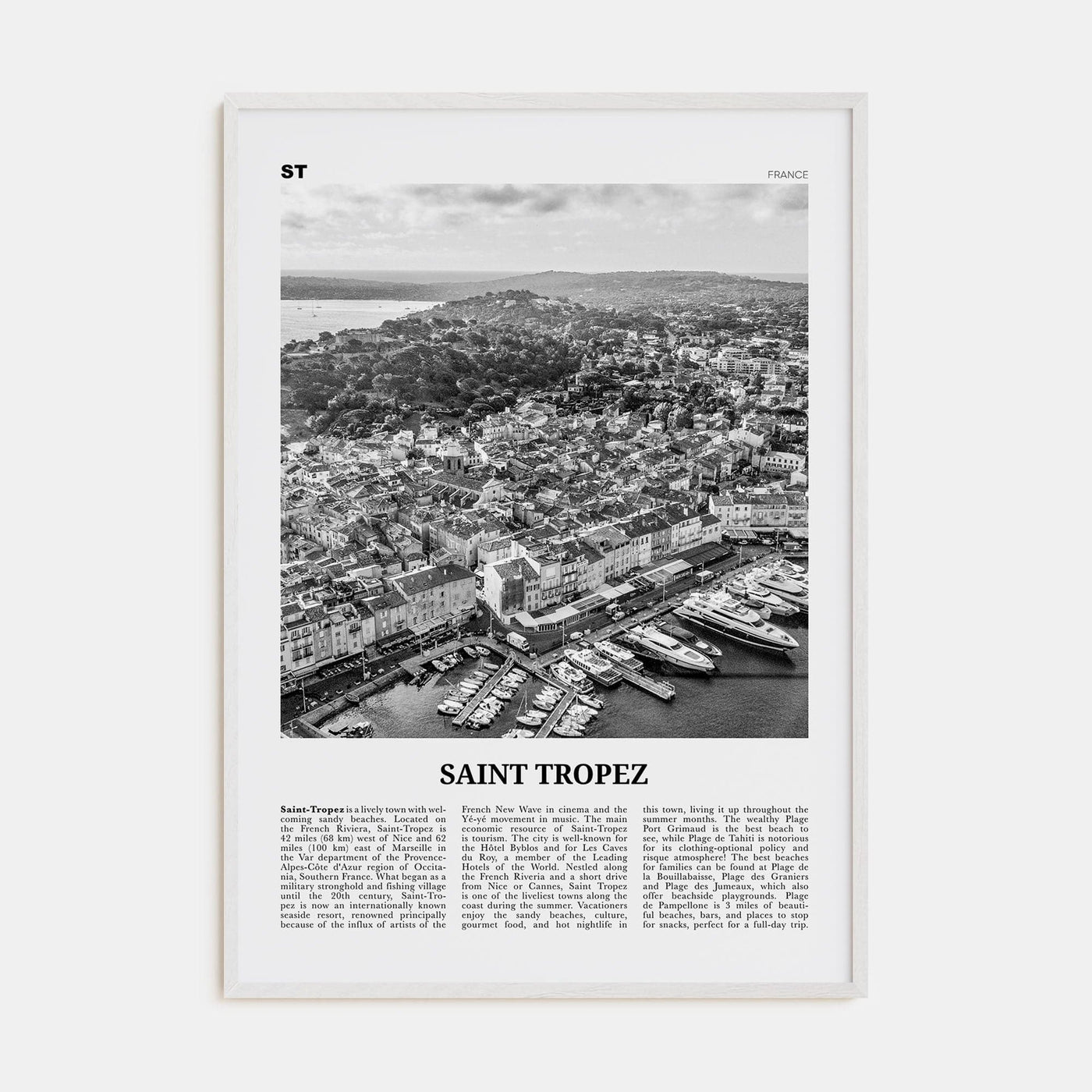 Saint-Tropez Poster White Wood / 8x12 in Nbourhood Travel B&W Poster