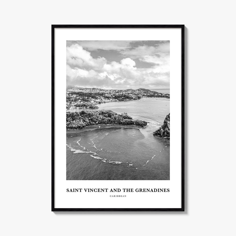 Saint Vincent and the Grenadines black & white classic poster of Caribbean – vertical wall art, unframed print shown in inter