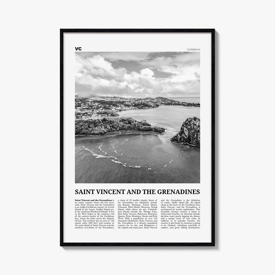 Saint Vincent and the Grenadines black & white newspaper poster of Caribbean – vertical wall art, unframed print shown in int