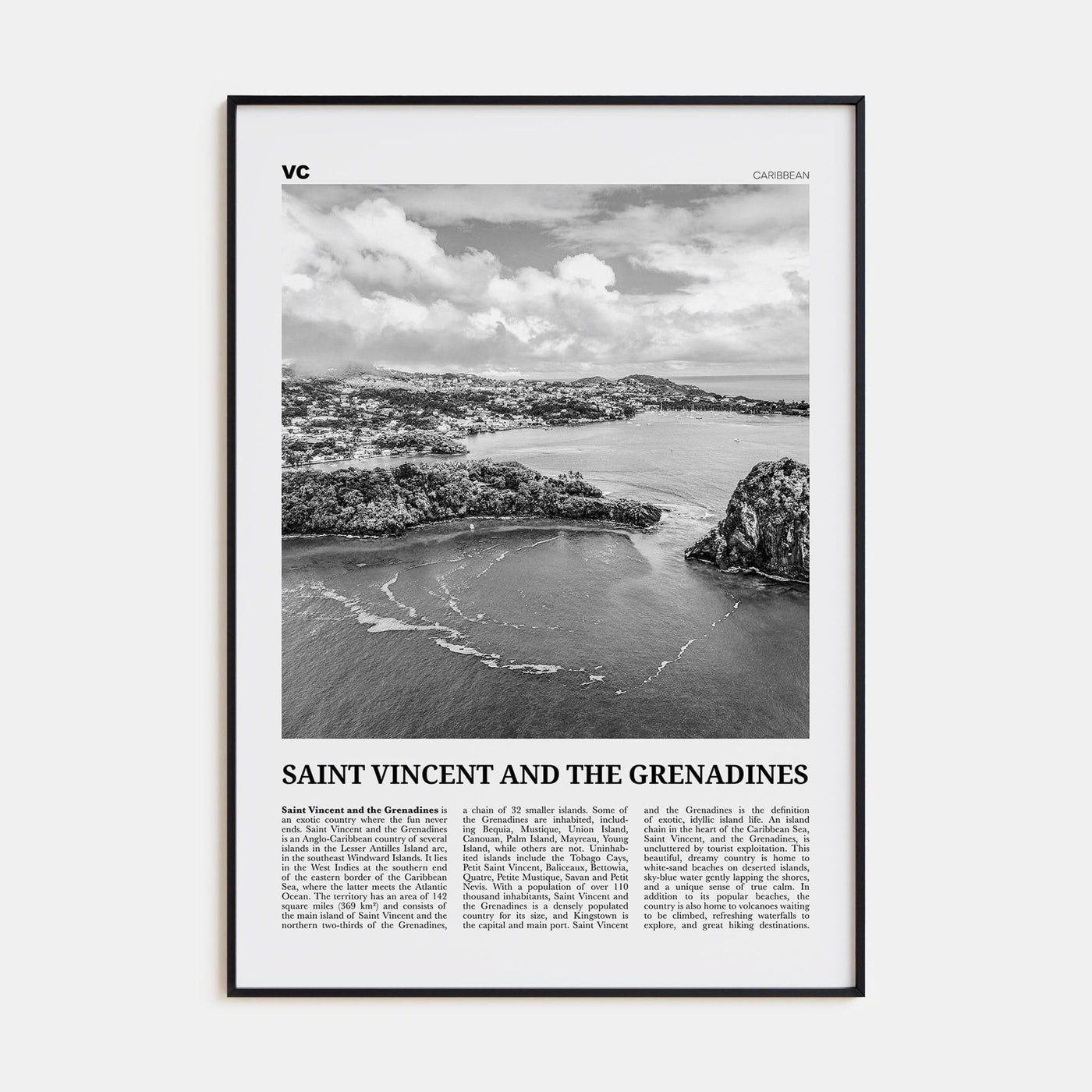 Saint Vincent and the Grenadines Poster Black Metal / 8x12 in Nbourhood Travel B&W Poster