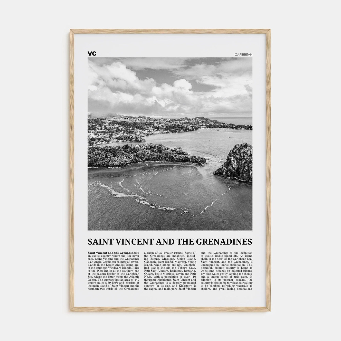 Saint Vincent and the Grenadines Poster Natural Wood / 8x12 in Nbourhood Travel B&W Poster