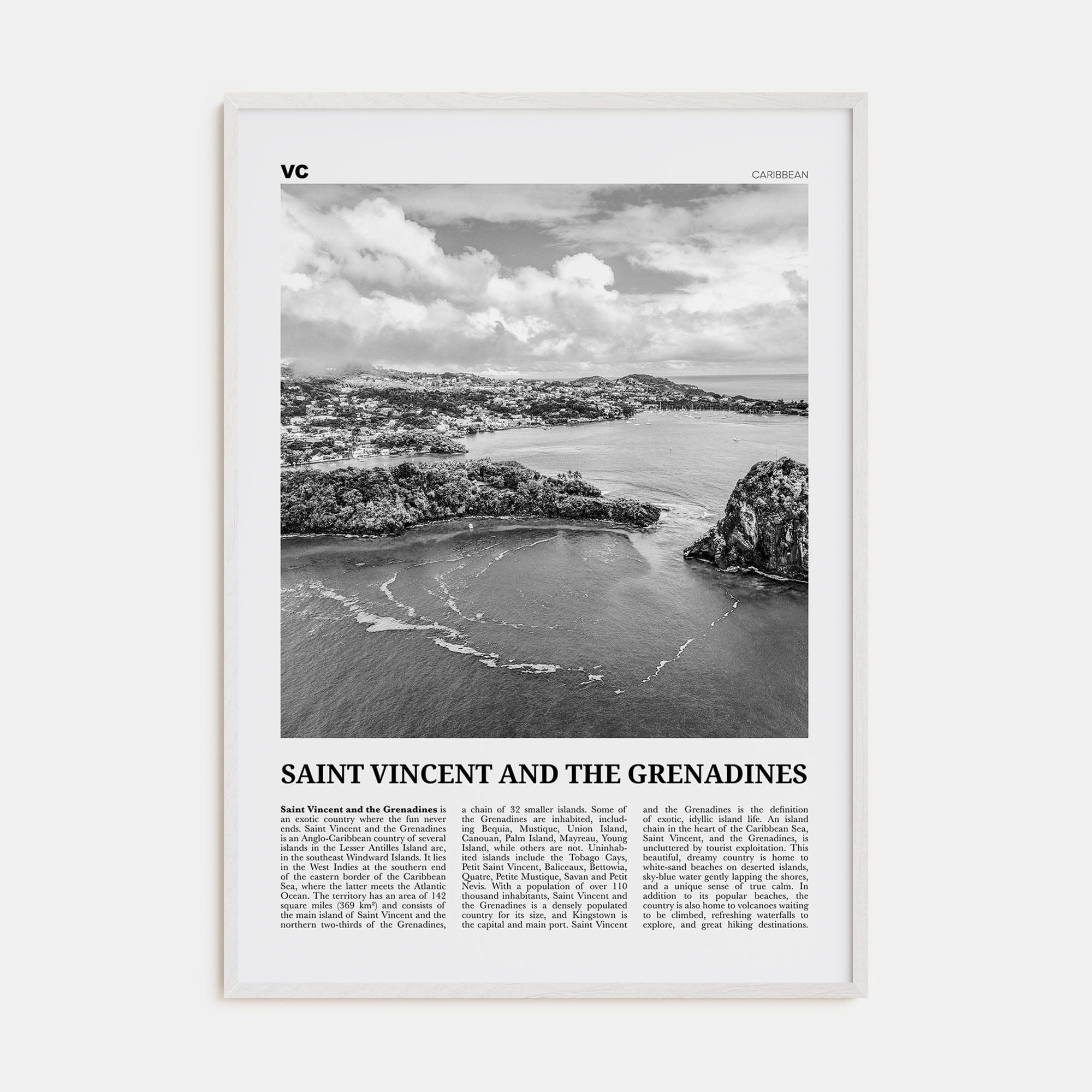 Saint Vincent and the Grenadines Poster White Wood / 8x12 in Nbourhood Travel B&W Poster