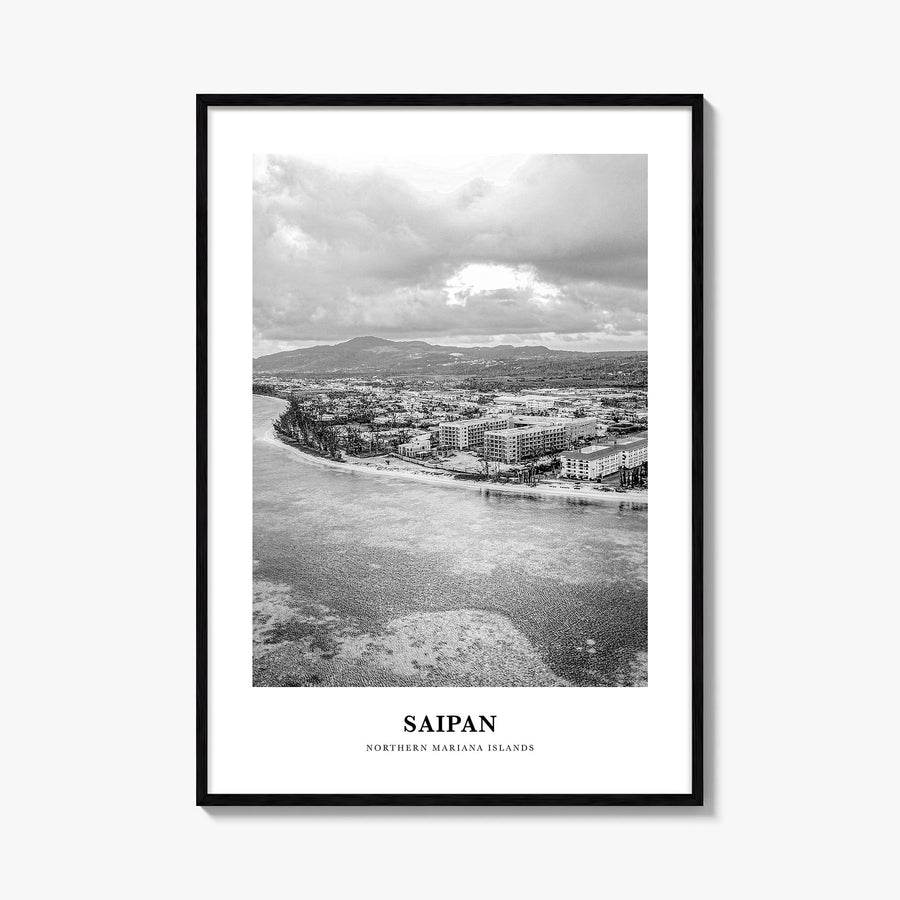 Saipan black & white classic poster of Northern Mariana Islands – vertical wall art, unframed print shown in interior mockup