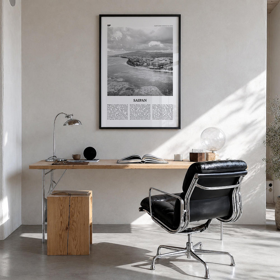 Saipan black & white newspaper poster of Northern Mariana Islands – vertical wall art in black wood frame, hanging on wall