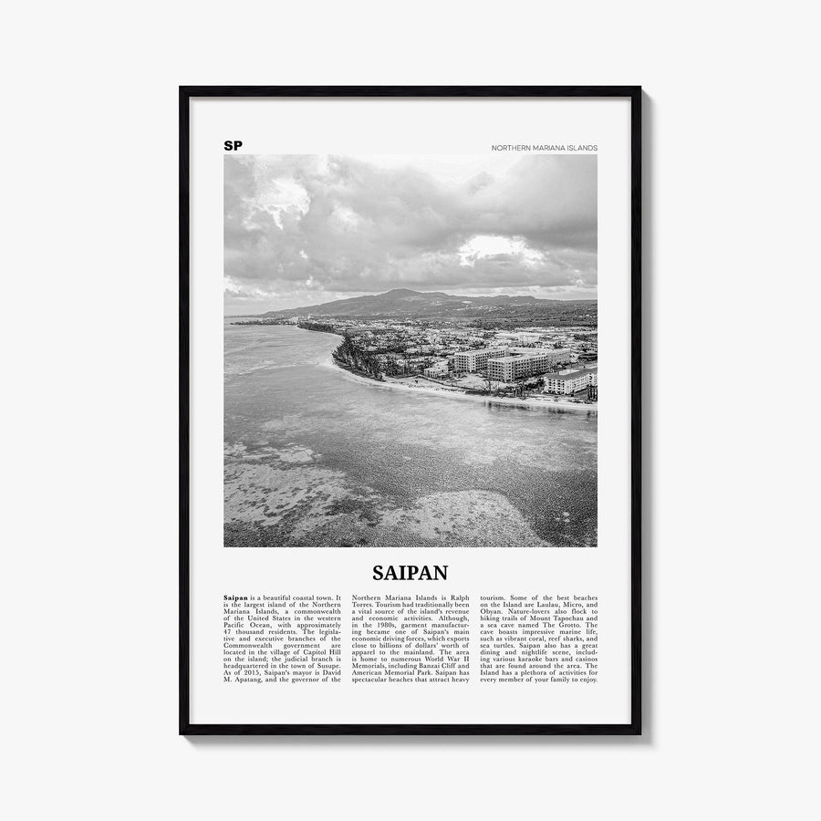 Saipan black & white newspaper poster of Northern Mariana Islands – vertical wall art, unframed print shown in interior mocku