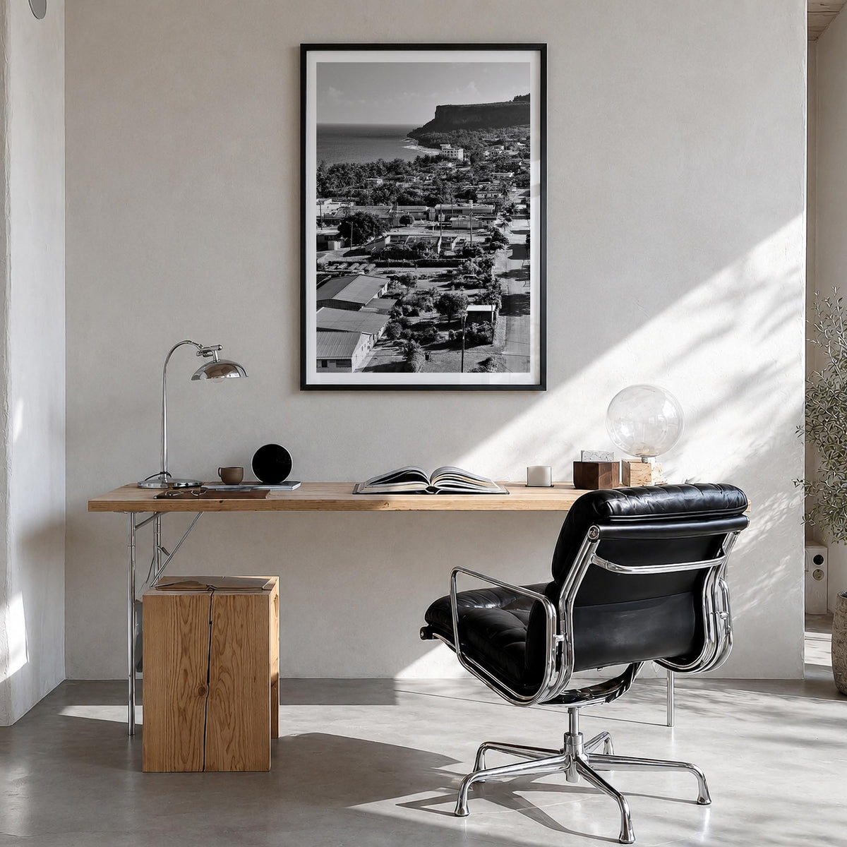 Saipan black & white photo poster of Northern Mariana Islands – vertical wall art in black wood frame with white border, hang