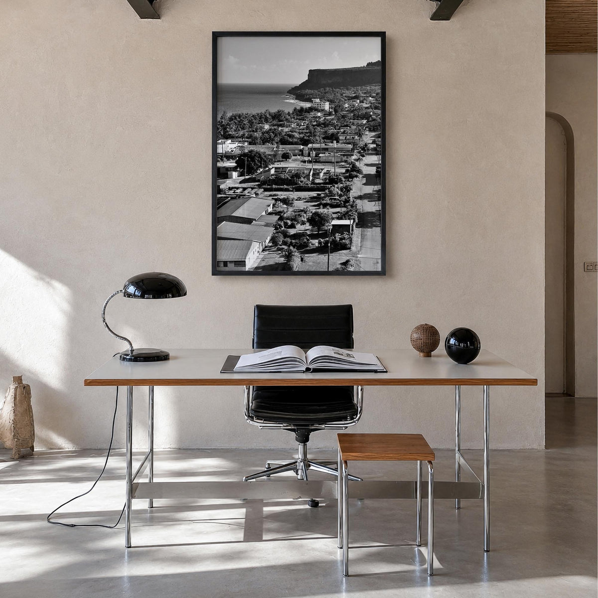 Saipan black & white photo poster of Northern Mariana Islands – vertical wall art in black wood frame, hanging on wall