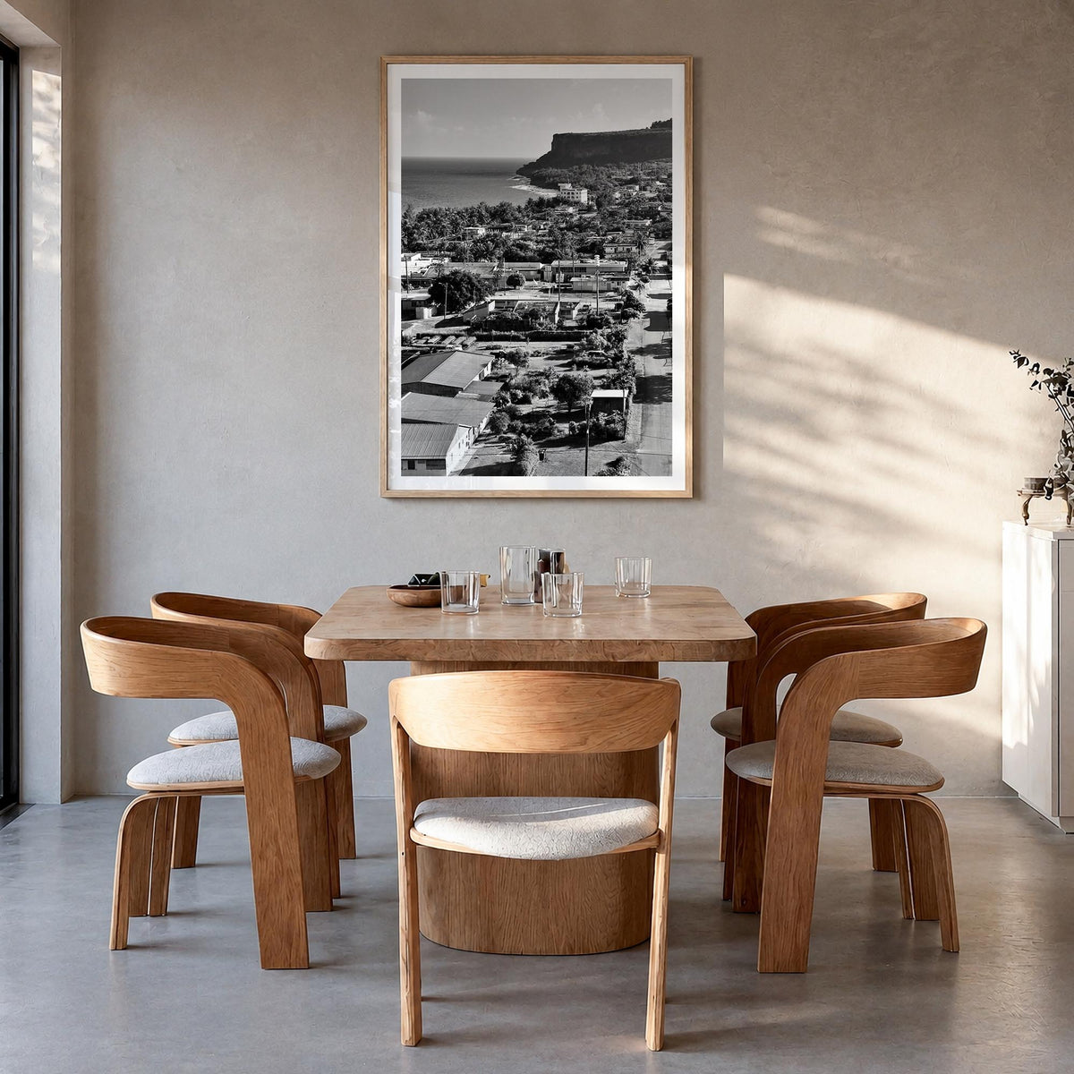 Saipan black & white photo poster of Northern Mariana Islands – vertical wall art in natural wood frame with white border, ha