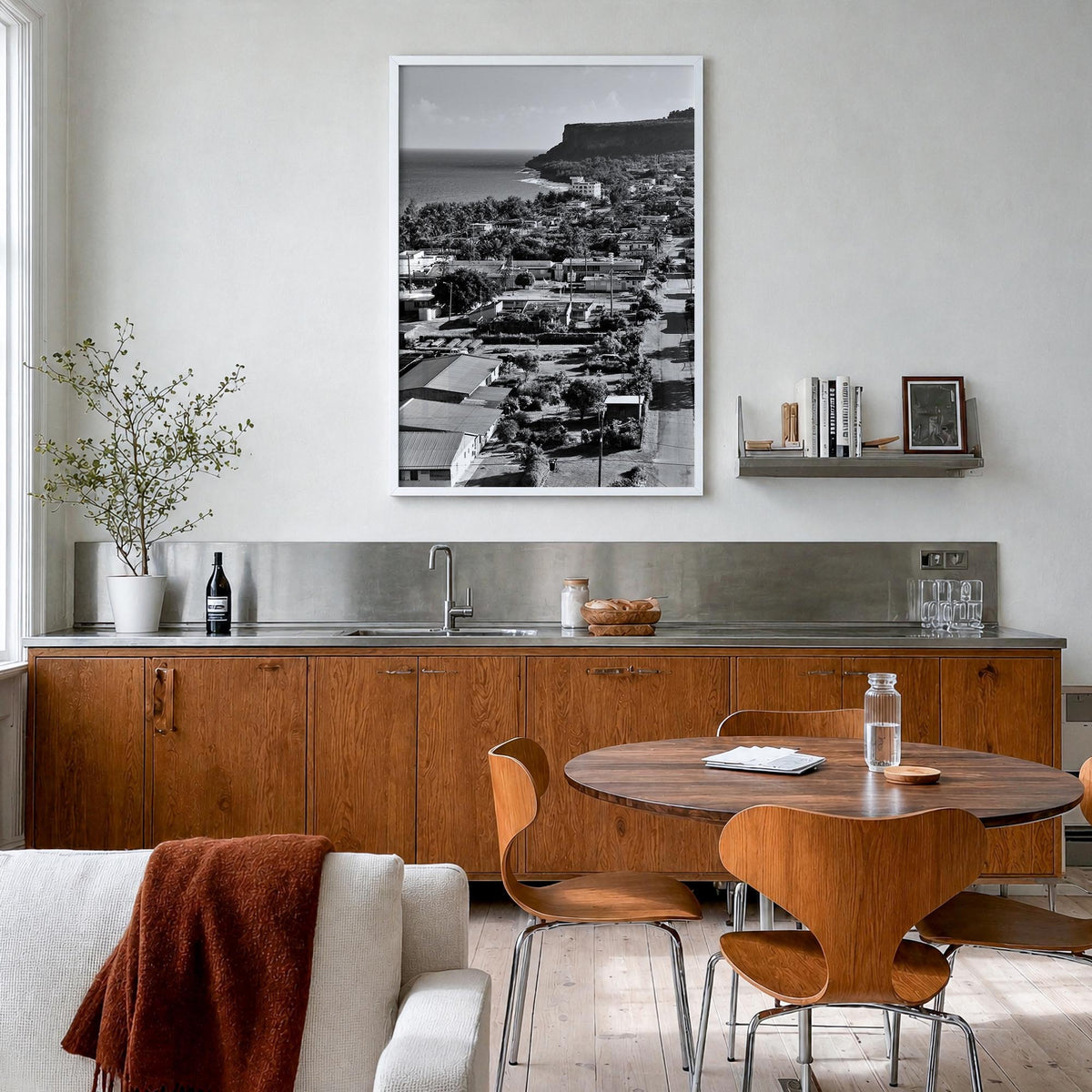 Saipan black & white photo poster of Northern Mariana Islands – vertical wall art in white wood frame, hanging on wall