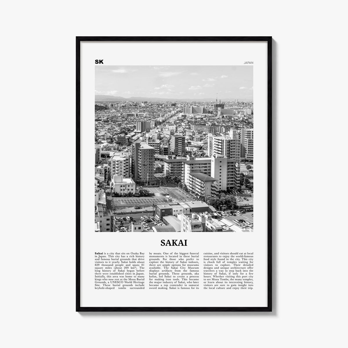 Sakai black & white newspaper poster of Japan – vertical wall art, unframed print shown in interior mockup