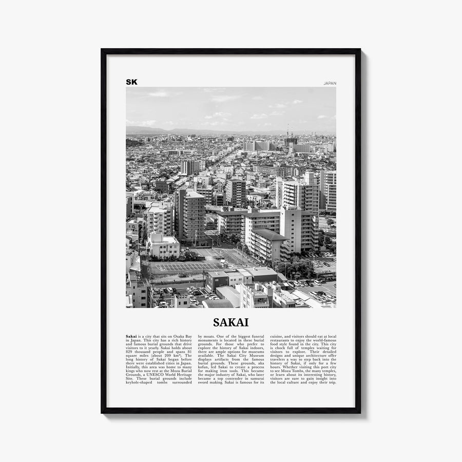 Sakai black & white newspaper poster of Japan – vertical wall art, unframed print shown in interior mockup