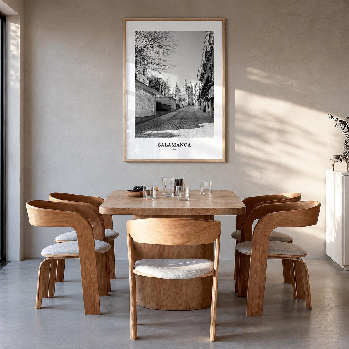 Salamanca black & white classic poster of Spain – vertical wall art in natural wood frame, hanging on wall