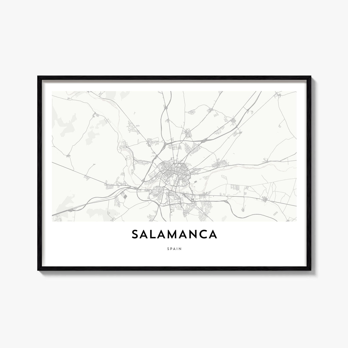 Salamanca black & white map poster of Spain – horizontal wall art, unframed print shown in interior mockup