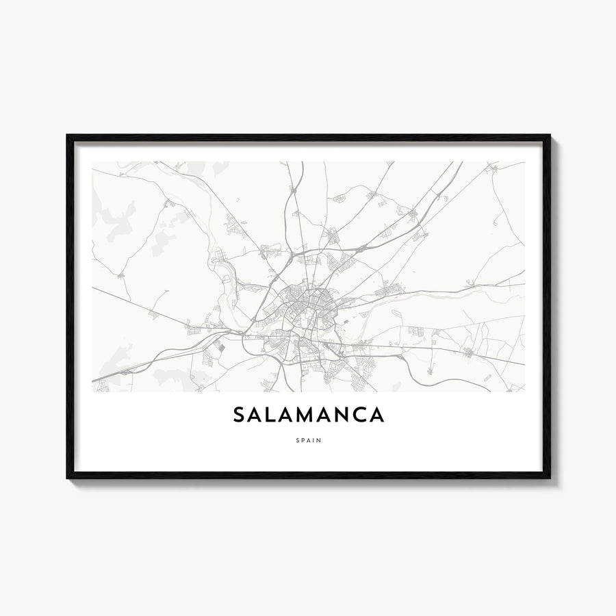 Salamanca black & white map poster of Spain – horizontal wall art, unframed print shown in interior mockup