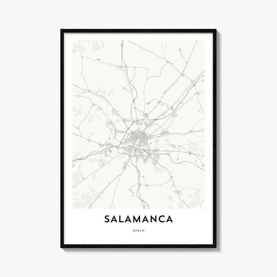 Salamanca black & white map poster of Spain – vertical wall art, unframed print shown in interior mockup