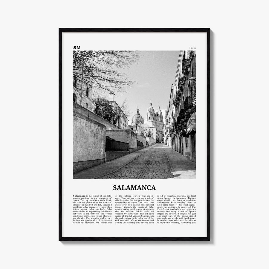 Salamanca black & white newspaper poster of Spain – vertical wall art, unframed print shown in interior mockup