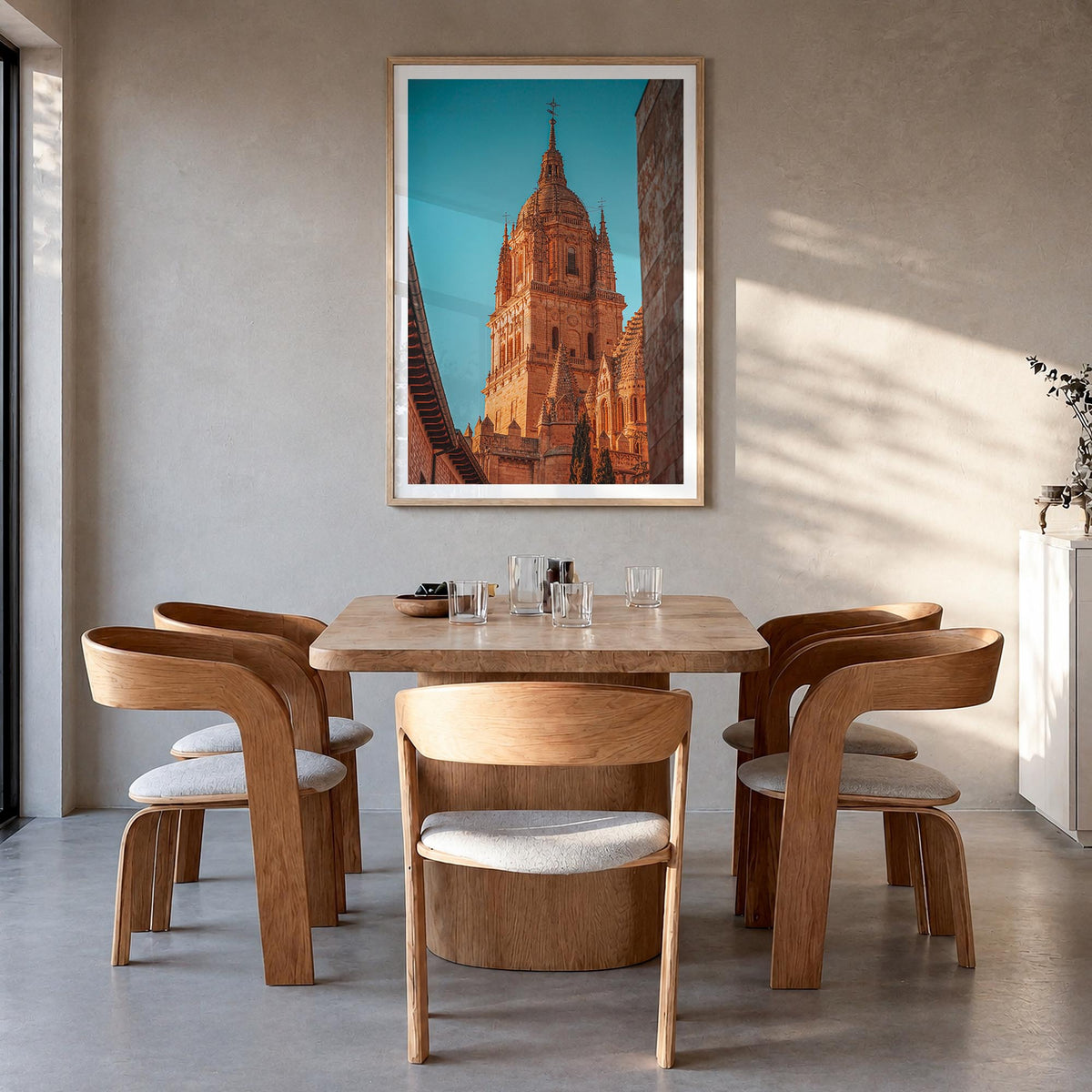 Salamanca colorful photo poster of Spain – vertical wall art in natural wood frame with white border, hanging on wall