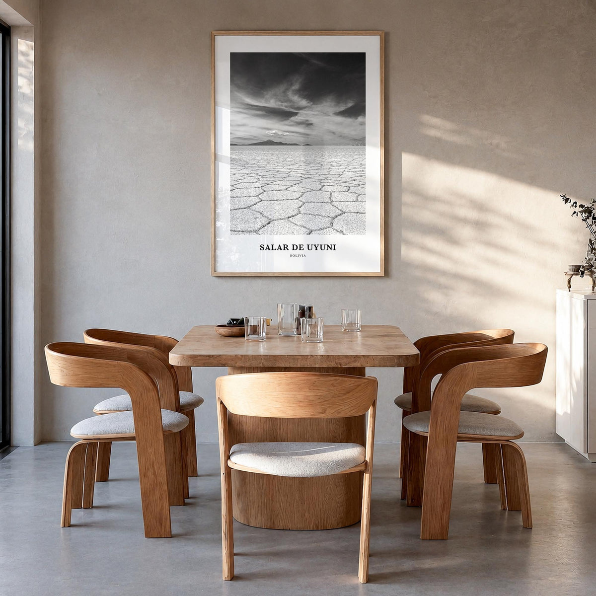 Salar de Uyuni black & white classic poster of Bolivia – vertical wall art in natural wood frame, hanging on wall