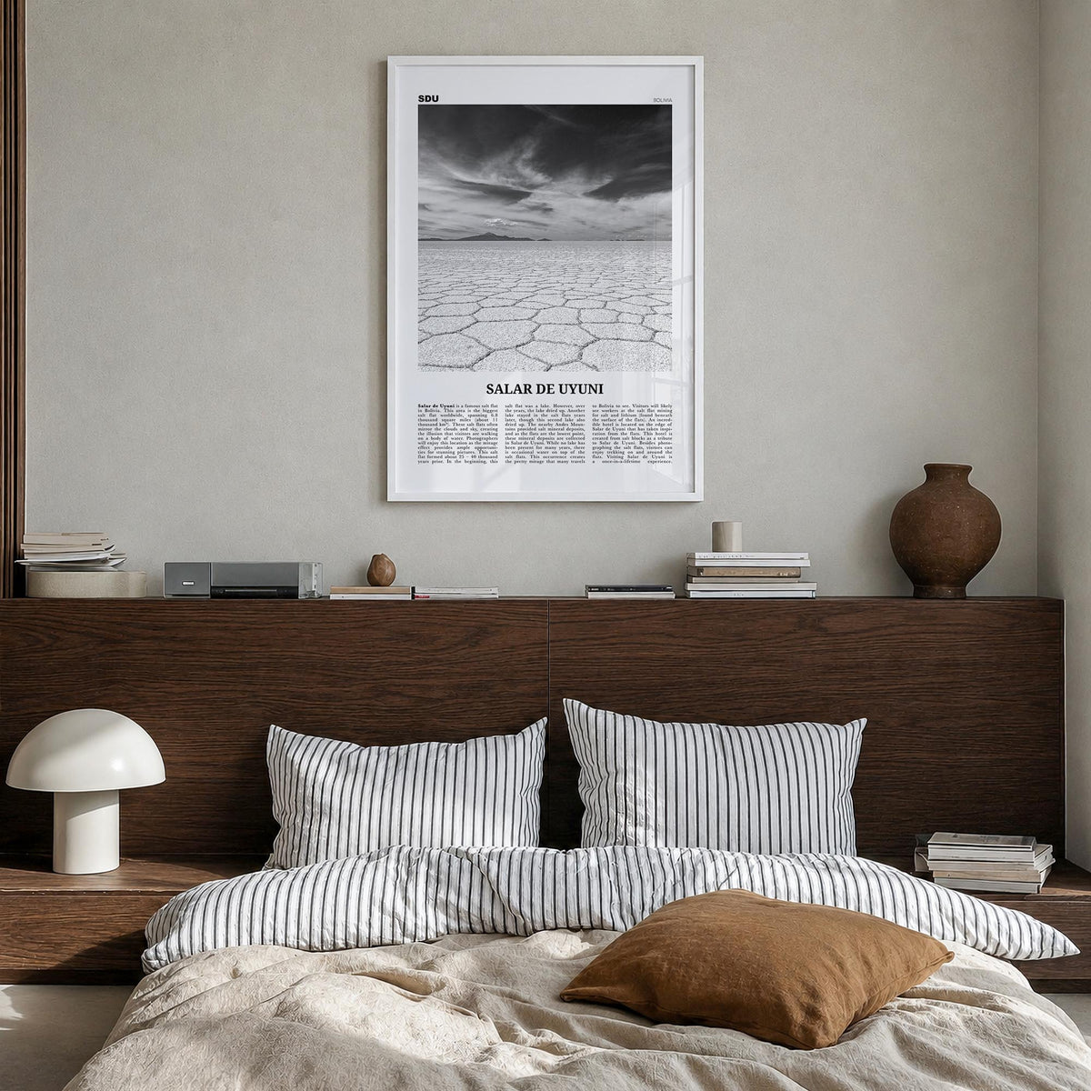 Salar de Uyuni black & white newspaper poster of Bolivia – vertical wall art in white wood frame, hanging on wall