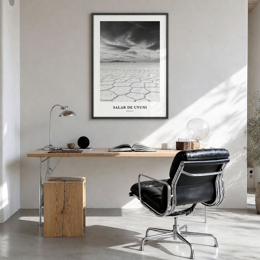 Salar de Uyuni Classic Poster in a black wood frame, hanging in a bright home office