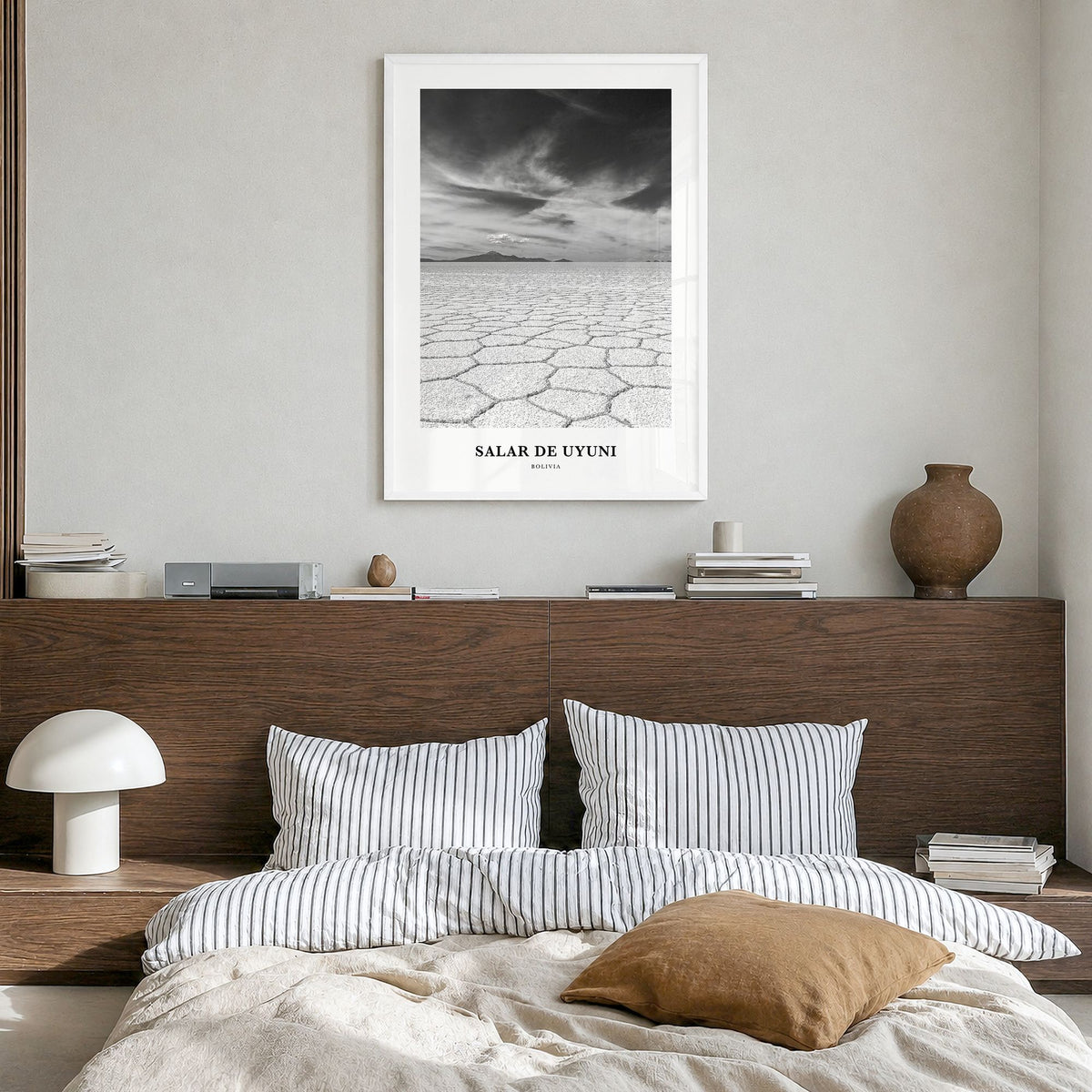 Salar de Uyuni Classic Poster in a white wood frame, hanging in a bedroom