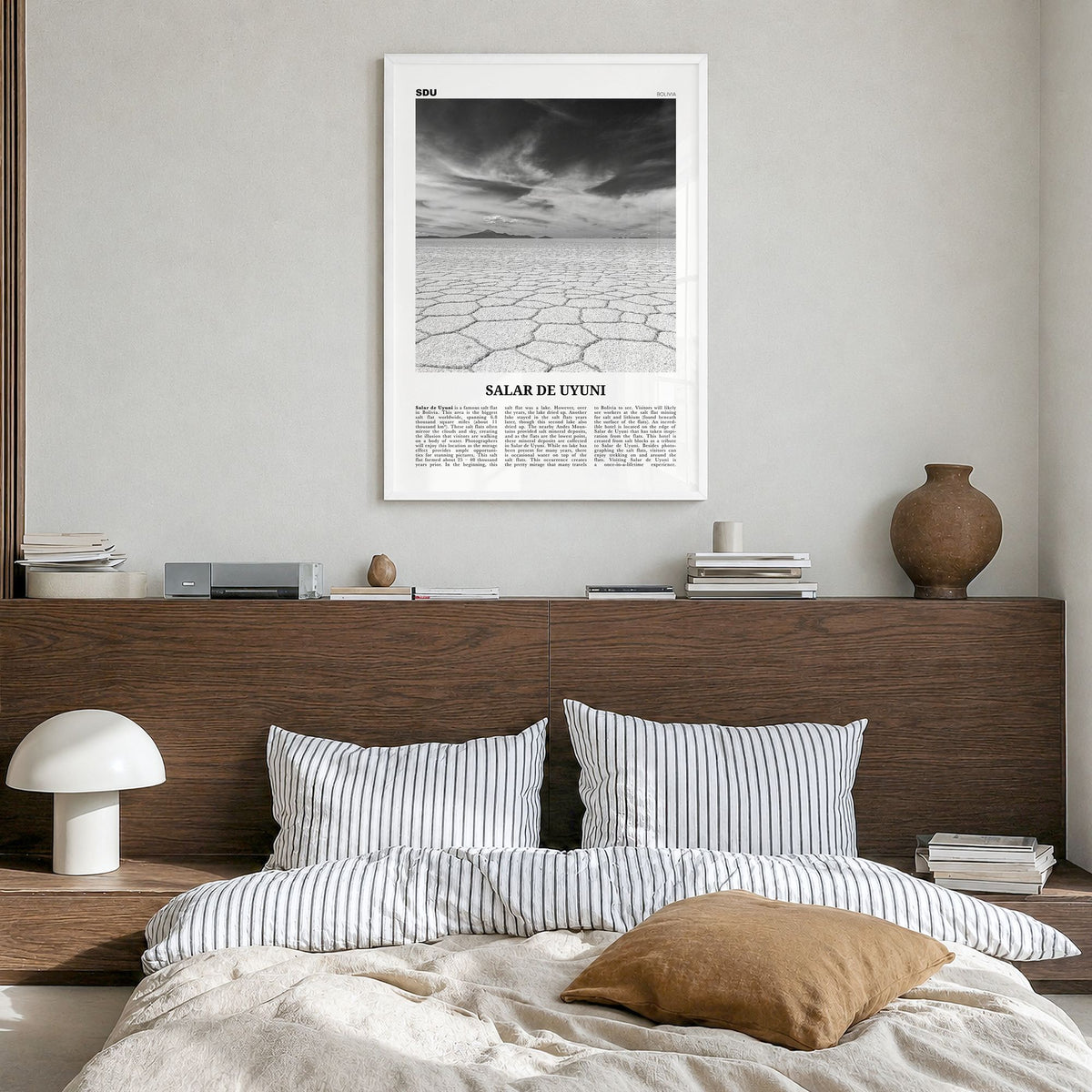 Salar de Uyuni Newspaper Poster in a white wood frame, hanging in a bedroom