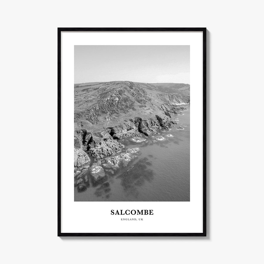 Salcombe black & white classic poster of United Kingdom – vertical wall art, unframed print shown in interior mockup
