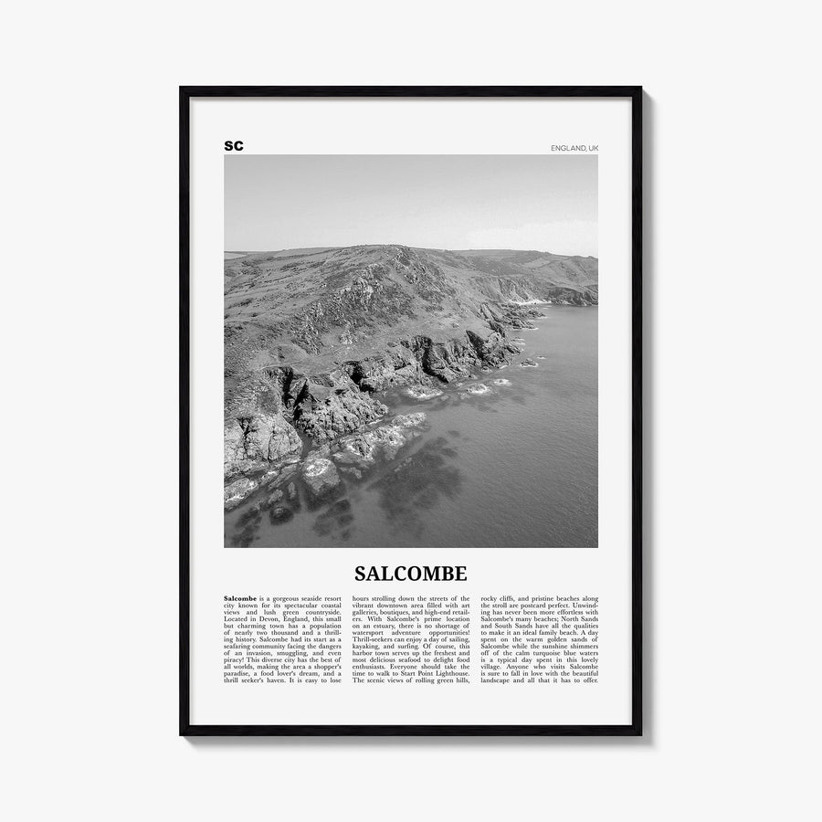 Salcombe black & white newspaper poster of United Kingdom – vertical wall art, unframed print shown in interior mockup