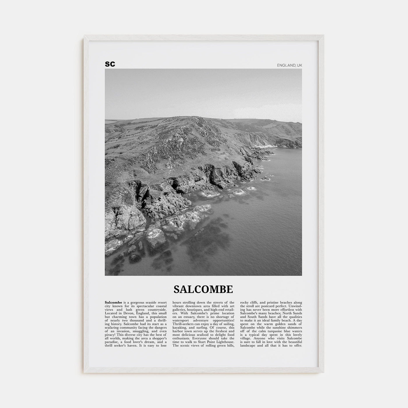 Salcombe Poster White Wood / 8x12 in Nbourhood Travel B&W Poster