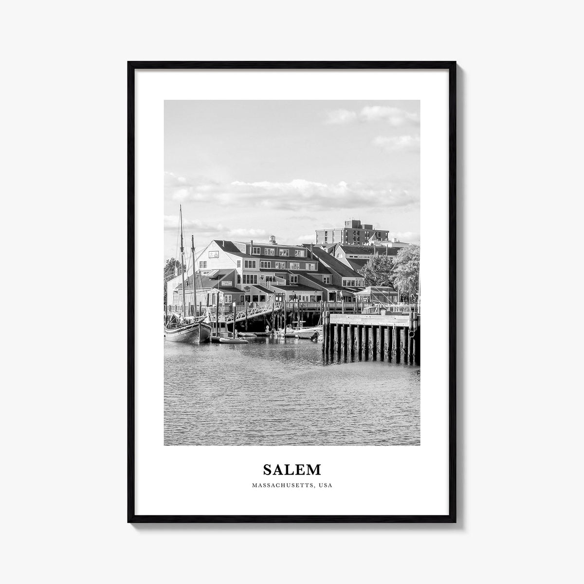 Salem, Massachusetts black & white classic poster of Massachusetts, USA – vertical wall art, unframed print shown in interior