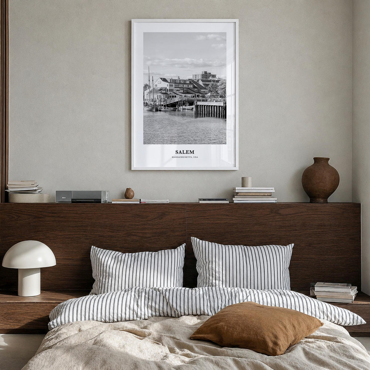 Salem, Massachusetts black & white classic poster of Massachusetts, USA – vertical wall art in white wood frame, hanging on w