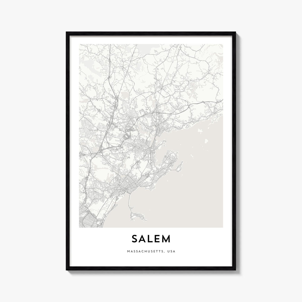 Salem, Massachusetts black & white map poster of Massachusetts, USA – vertical wall art, unframed print shown in interior moc