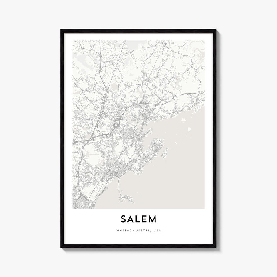 Salem, Massachusetts black & white map poster of Massachusetts, USA – vertical wall art, unframed print shown in interior moc