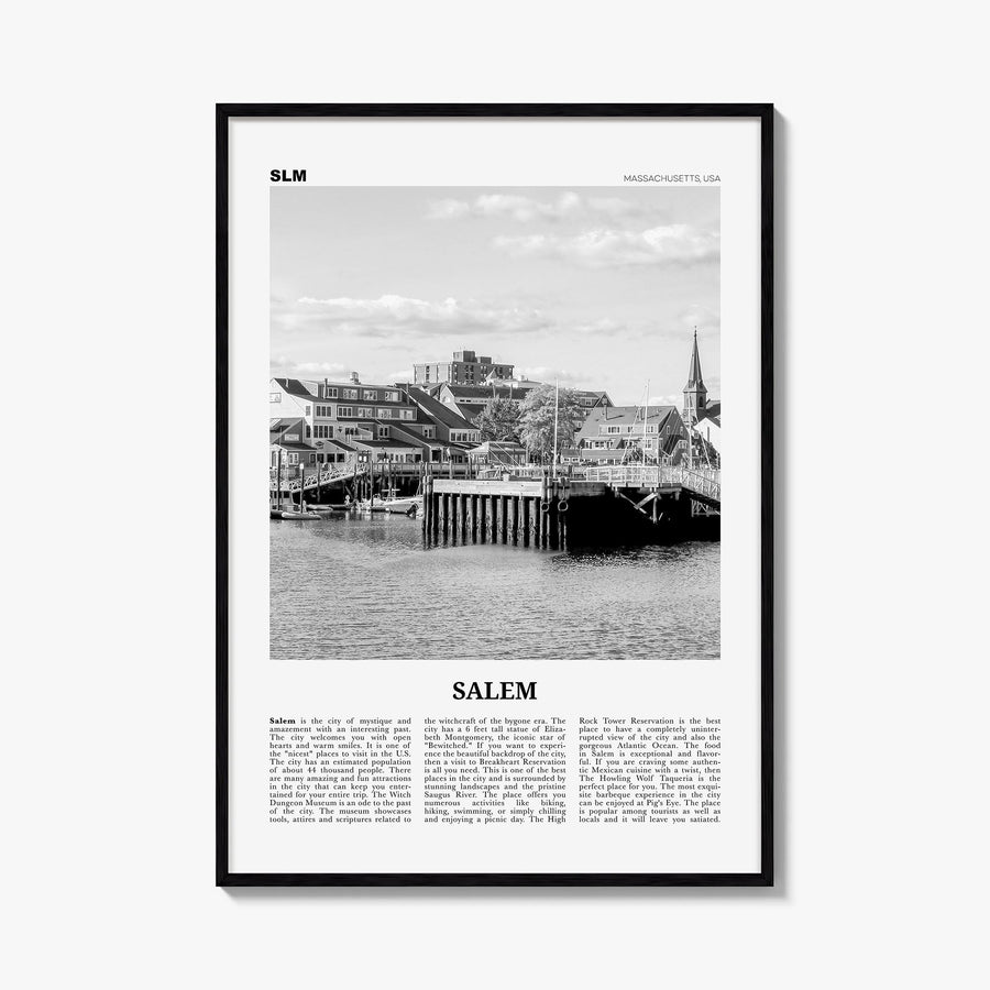 Salem, Massachusetts black & white newspaper poster of Massachusetts, USA – vertical wall art, unframed print shown in interi