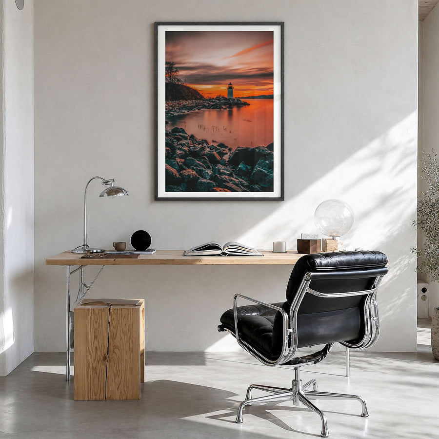 Salem, Massachusetts Photo Poster in a black wood frame, hanging in a bright home office, white border