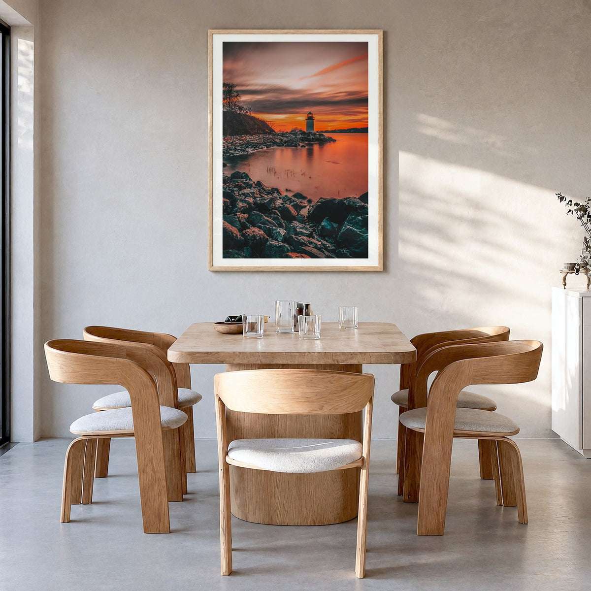 Salem, Massachusetts Photo Poster in a natural wood frame, hanging in a dining room, white border