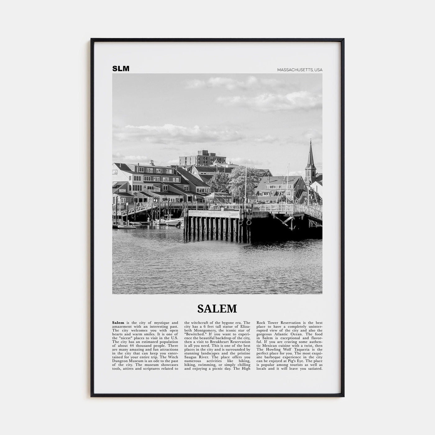 Salem, Massachusetts Poster Black Metal / 8x12 in Nbourhood Travel B&W Poster