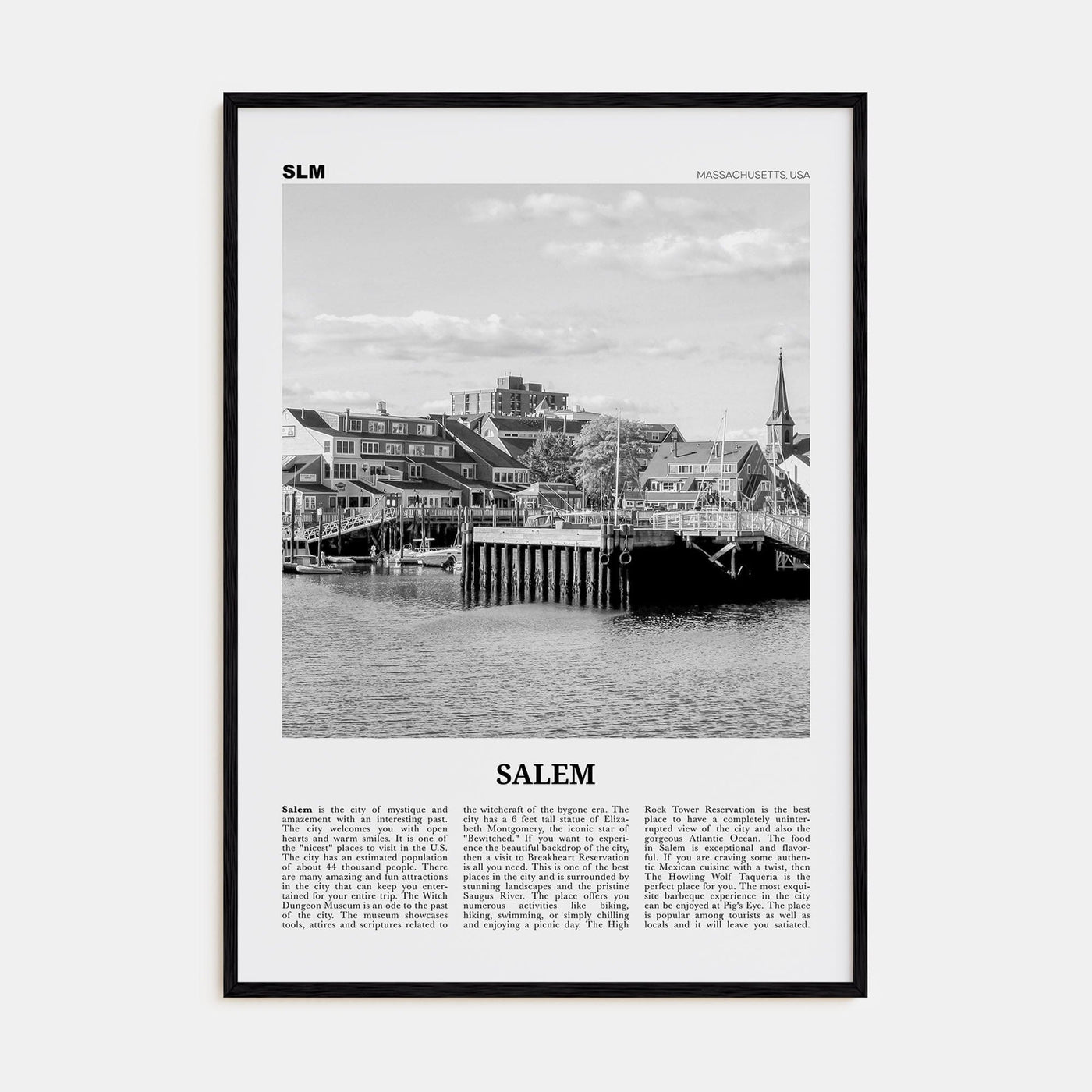 Salem, Massachusetts Poster Black Wood / 8x12 in Nbourhood Travel B&W Poster