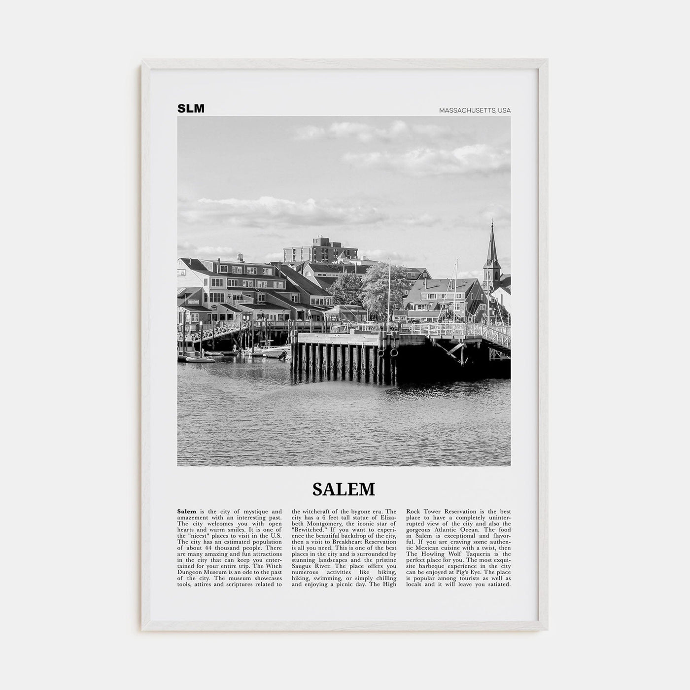 Salem, Massachusetts Poster White Wood / 8x12 in Nbourhood Travel B&W Poster