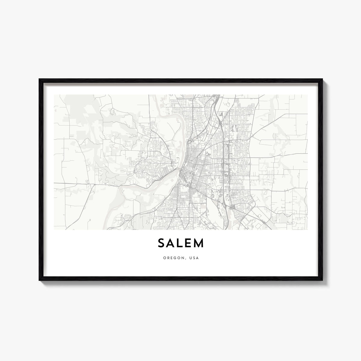 Salem, Oregon black & white map poster of Oregon, USA – horizontal wall art, unframed print shown in interior mockup