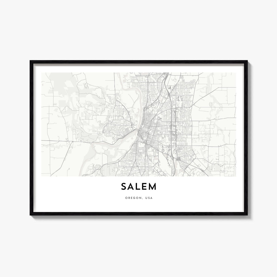Salem, Oregon black & white map poster of Oregon, USA – horizontal wall art, unframed print shown in interior mockup